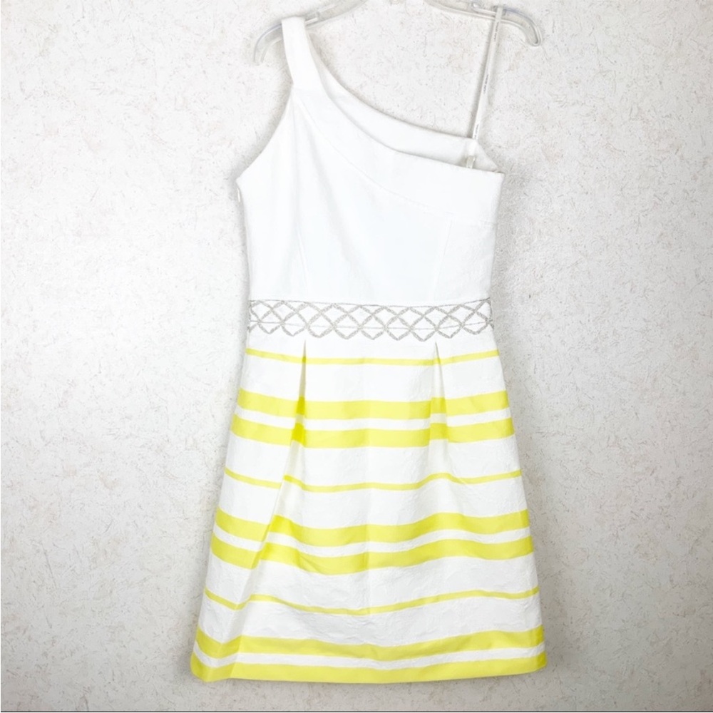 NWT $320 Laura Bernal One-Shoulder White and Yellow Striped Dress - Picture 6 of 14